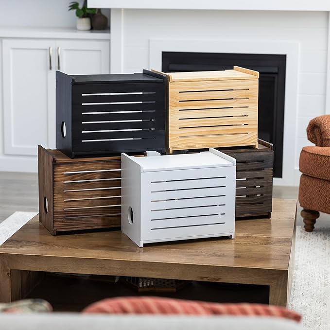 Wooden WiFi Router Storage Box - Deluxe Wall Mountable Decorative Modem Shelf Hider Cover with Cable Management System - Rustic Home Organization Solution for Most Routers Up to 11" Tall - White