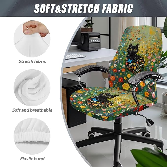 Talayituse Cat Butterfly Daisy Print Office Chair Covers, Stretch Computer Chair Cover, Universal Boss Chair Covers Modern Simplism Style High Back Chair Slipcover, Small
