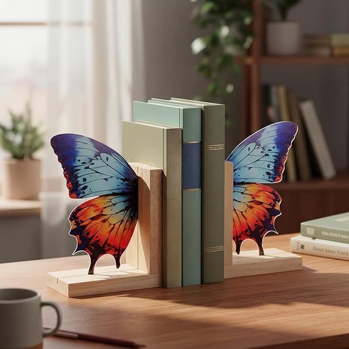 Decorative Butterfly Bookends Wooden Acrylic Butterflys Bookend Modern Bookshelf Decor Accent Book Stopper Decor for Home Farmhouse Shelves Office Lover Gift(Aglais Butterfly)