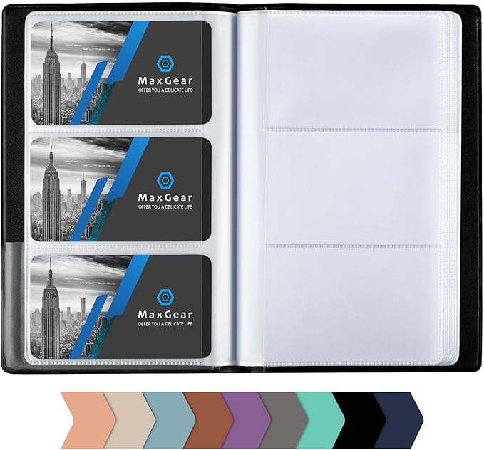 MaxGear Business Card Organizer Book, Holds 240 Cards, Portable PU Leather Business Card Holder with Clear Sleeves, Professional Card Binder for Office, Meetings, Networking, Black