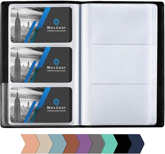 MaxGear Business Card Organizer Book, Holds 240 Cards, Portable PU Leather Business Card Holder with Clear Sleeves, Professional Card Binder for Office, Meetings, Networking, Black