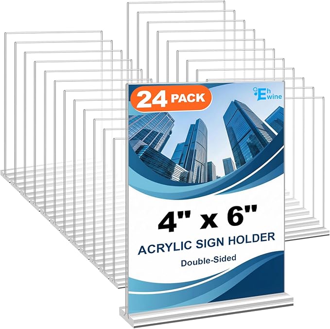 EHWINE 24 Pack Acrylic Sign Holders 4x6 Double-Sided Tabletop Display Stands for Menus Flyers & Signs, Clear Acrylic Picture Frame for Office Business Store & Events