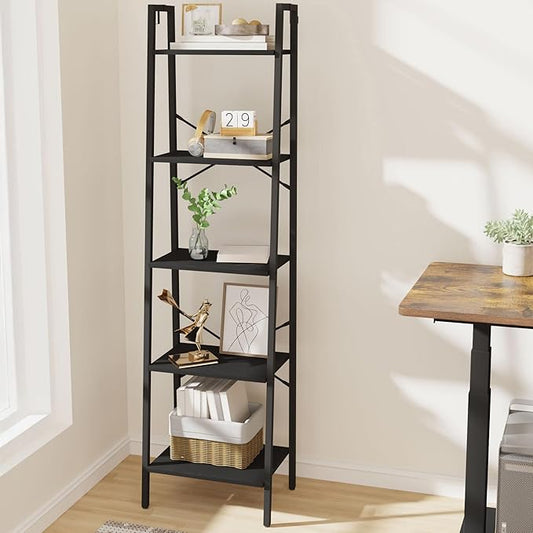 Hzuaneri Ladder Shelf, Bookshelf Bookcase, Freestanding Corner Storage Shelve with 2 Hooks for Home Office, Living Room, Kitchen, Bedroom, Industrial, 11.8" D x 17.3" W x 63" H, Black BC19204B