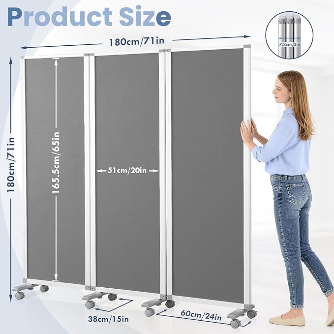 MAKELLO Portable Office Partitions 71" H x 71" W, Freestanding Office Dividers Partition Wall for Room, 3-Panel Trifold Privacy Panel, Aluminum Frame, Gray Felt