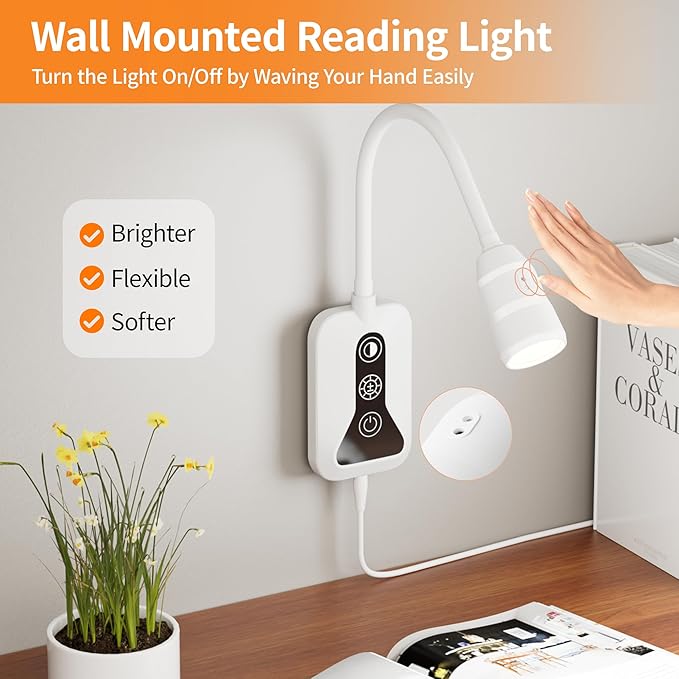 Wall Mounted Reading Light, Wall Light with Motion Sensor Switch, 5 Dimmable & 5 Color Temperature Adjustable, USB-C Output, Flexible Neck Book Light for Bed, Sofa, Desk,Dorms, Heaboard
