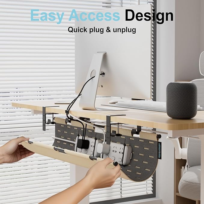 2-in-1 Under Desk Cable Management Tray & Privacy Panel, Dual-Sided Thick Felt Cord Organizer with 20 Cable Ties, Heavy Duty Steel Frame Support, No-Drill Clamp Mount, Large Capacity (Khaki/Gray, 30")