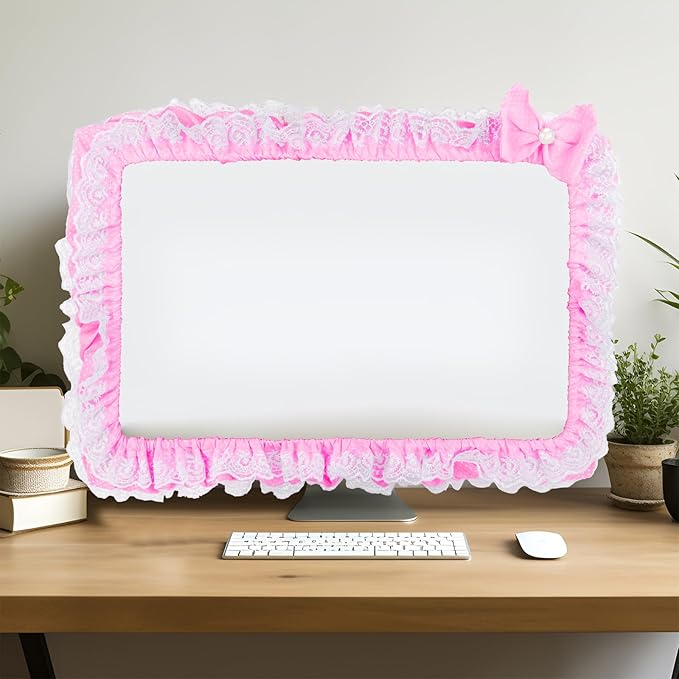 23"-27" Lovely Cute Computer Monitor Cover with Lovely Cute Elastic Pen Pocket Bow-knot TV LCD Screen Monitor Decoration Dust Cover Protector, Lace Fabric, Pink