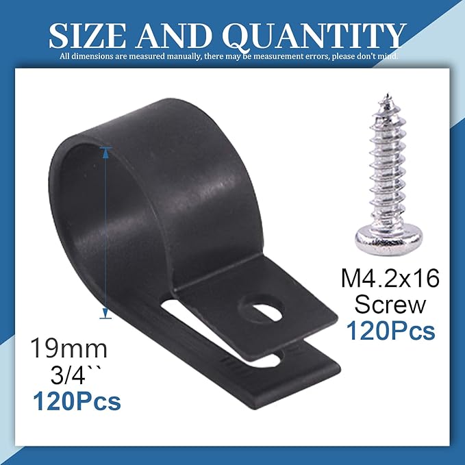 Glarks 120Pcs 3/4 Inch Black Nylon Screw Mounting R-Type Cable Clip Wire Clamp with 120Pcs Screws for Wire, Cable, Conduit and Cable Conduit Kit (Black)