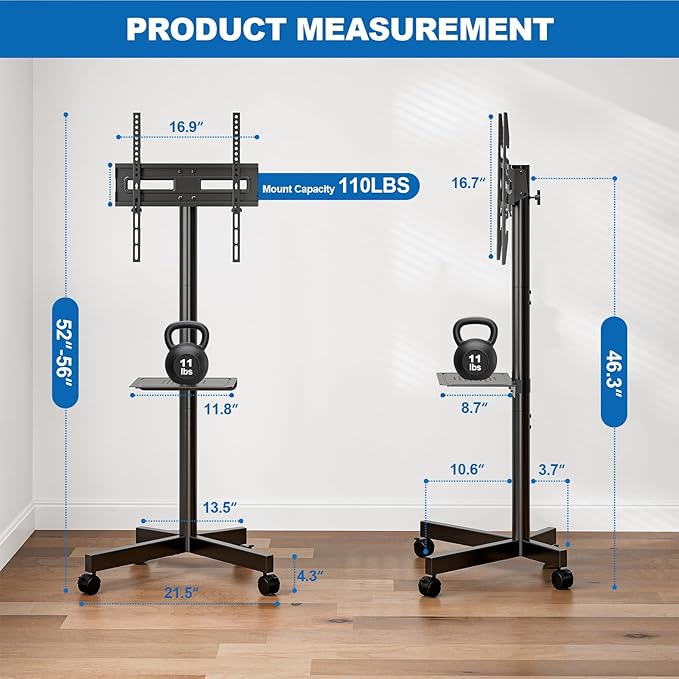 Mobile TV Stand for 23-65 Inch LCD LED Flat/Curved Panel Screen TVs, Height Adjustable Rolling Floor TV Cart with Tilt Mount and Shelf, Portable Stand Holds up to 110 lbs, Max VESA 400x400mm