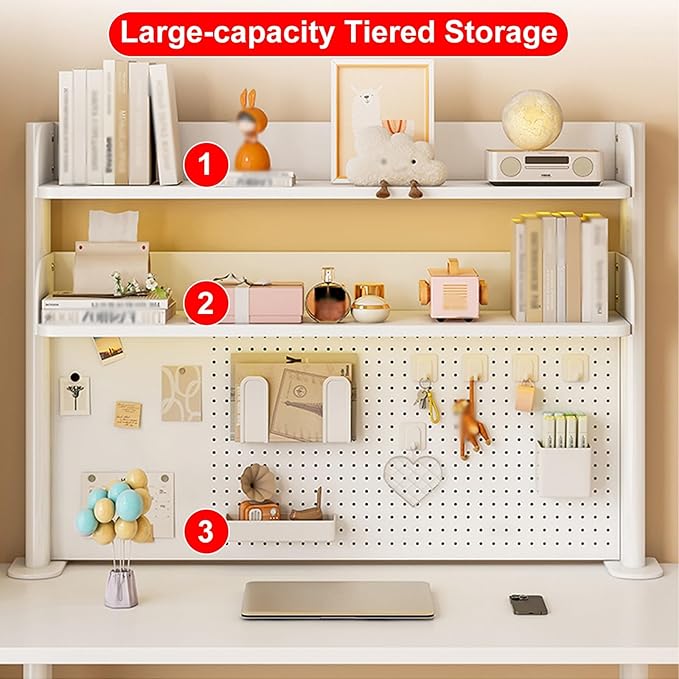 Clamp On Desk Shelf Pegboard Stand Desk Back Panel, White Desktop Bookshelf Storage Shelves, Space Saving Tabletop Display Rack Organization(80 * 95cm)