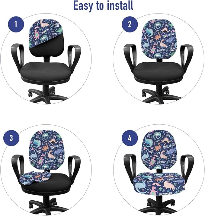 Ambesonne Dinosaur Office Chair Slipcover, Cartoonish Abstract Extinct Animals She-rex Dino Girl, Protective Stretch Decorative Fabric Cover, Standard Size, Dark Indigo Soft Blue Blush