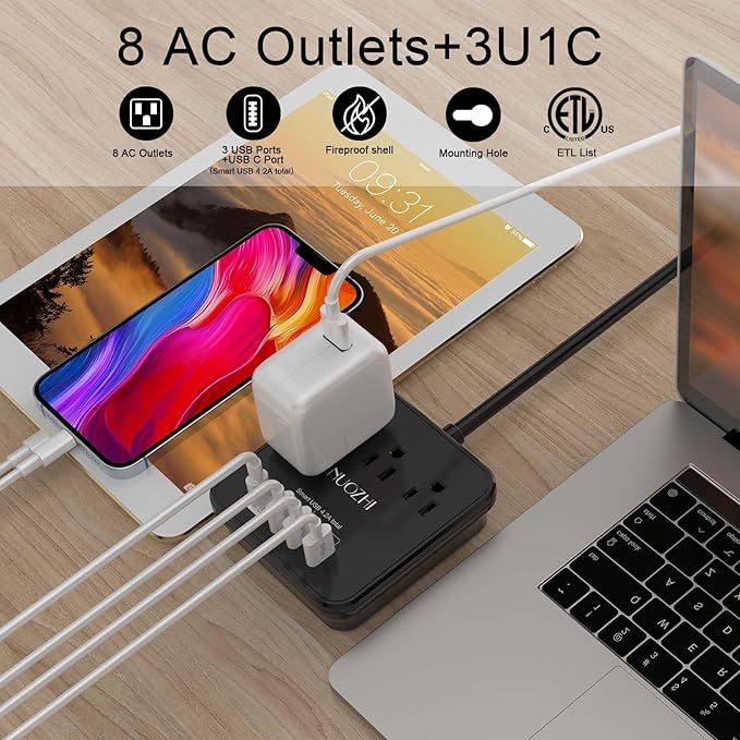 Cruise Essentials,6 Ft Power Strip with 3 Outlets and 4 USB Ports(1 USB C), Non Surge Protector for Cruise Ship, Travel, Home Office, ETL Listed, Black