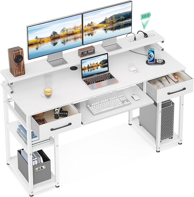 ODK Computer Desk with Drawers, 55 Inch Office Desk with Power Outlet and Keyboard Tray & Storage Shelves & PC Stand, Office Table Work Desk with Monitor Stand, White