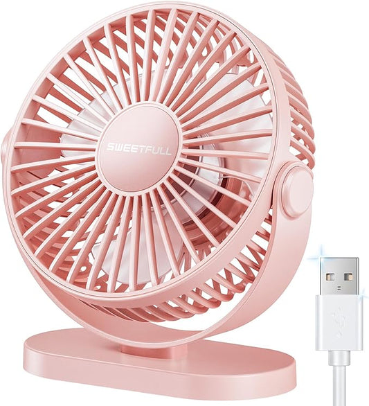 SWEETFULL USB Desk Fan Small Quiet - 3 Speeds Mini Personal Portable Fan 360° Rotation Adjustable, 5.5 Inch Office Table Cooling Gadgets on Desktop (Pink)