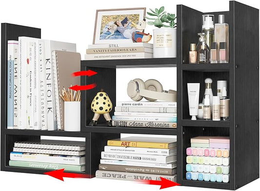 NUTIKAS Desk Shelves Desktop Organizer Shlef - Black Office Organization for Top of Desk Organizers and Accessories Corner Bookshelf Table Top Shelving Small Hutch Decorations for Office