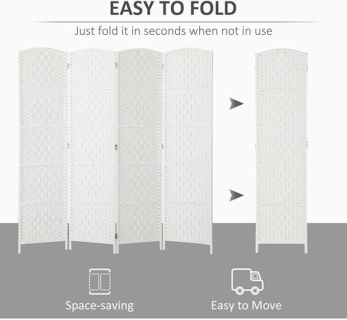 HOMCOM Room Divider 4 Panel, 6FT Tall Folding Privacy Screen, Freestanding Hand-Woven Partition for Room Separation with 360° Hinges, Paper Rope Diamond Weave, White