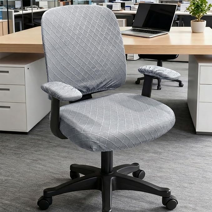 Stretch Jacquard Office Chair Cover with Armrest Covers, Removable Washable Desk Chair Cover, Anti-dust Seat Cushion Protectors -Seat + Backrest, Grey