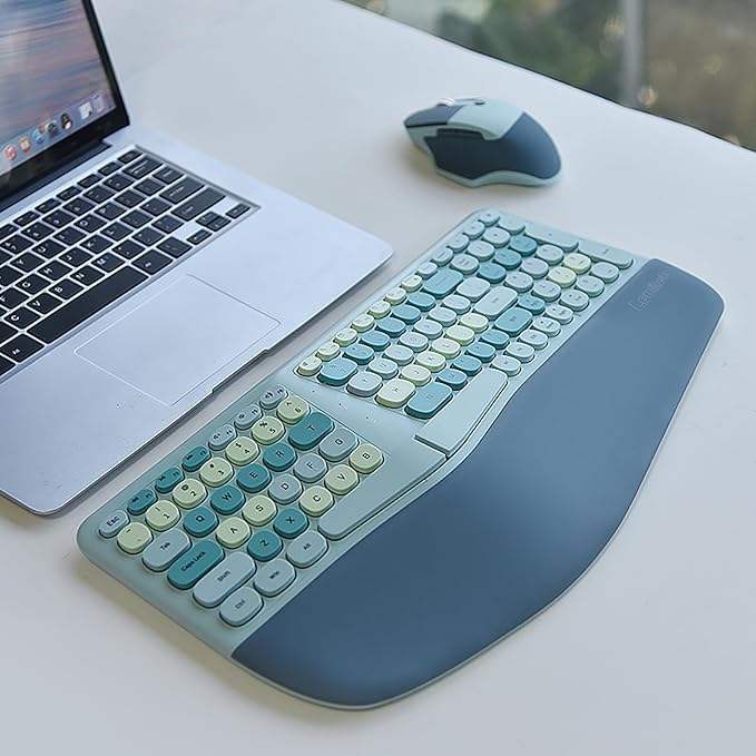 Wireless Ergonomic Keyboard and Mouse Combo with PU Wrist Rest, Carpal Tunnel Keyboard, 2.4G Colorful Split Ergo Keyboard, Comfortable Natural Typing, Compatible with PC/Laptop (Blue)