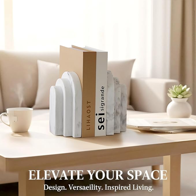 Heavy Duty Bookends for Shelves, 6.6 LBS Heavy Book Ends for Heavy Books, Decorative Modern Bookends with Faux Marble Look, Layered Arch Book Stopper for Bookshelf Holder Set of 2, Marble White