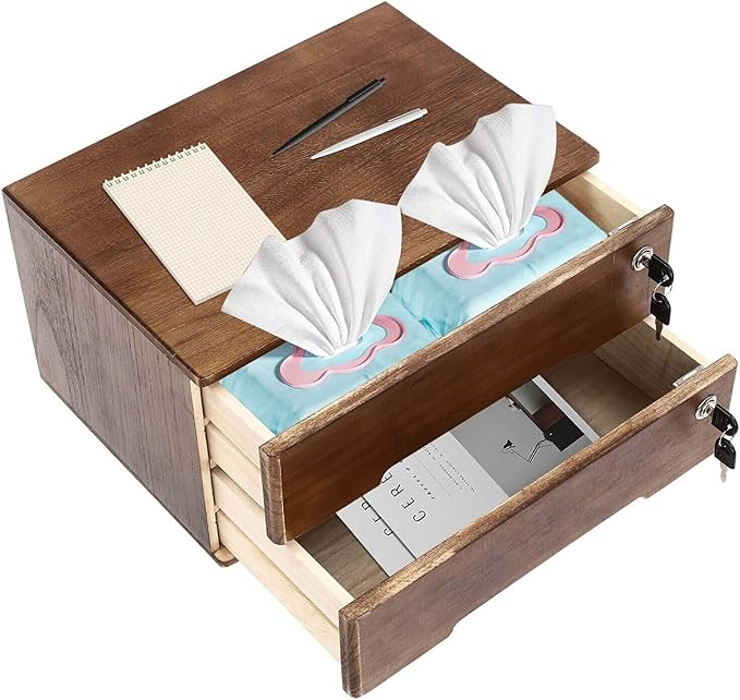 Wooden Desk Organizer with Drawers & Lock, Desktop Countertop Storage Cabinet Lockable Home Office Supplies File Tabletop Organizing Unit (2 Drawer - Retro Walnut)