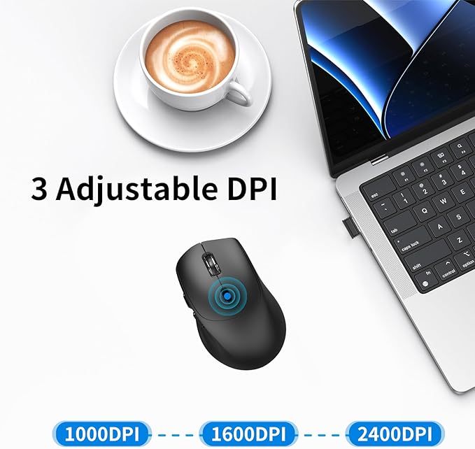 Computer Wireless Mouse with 2 Side Buttons (6 Total), 2400 DPI Adjustable, Silent Clicks & Anti-Slip Scroll Wheel, 2.4GHz with USB Receiver for Laptop, PC, Chromebook, Windows, Mac - Black
