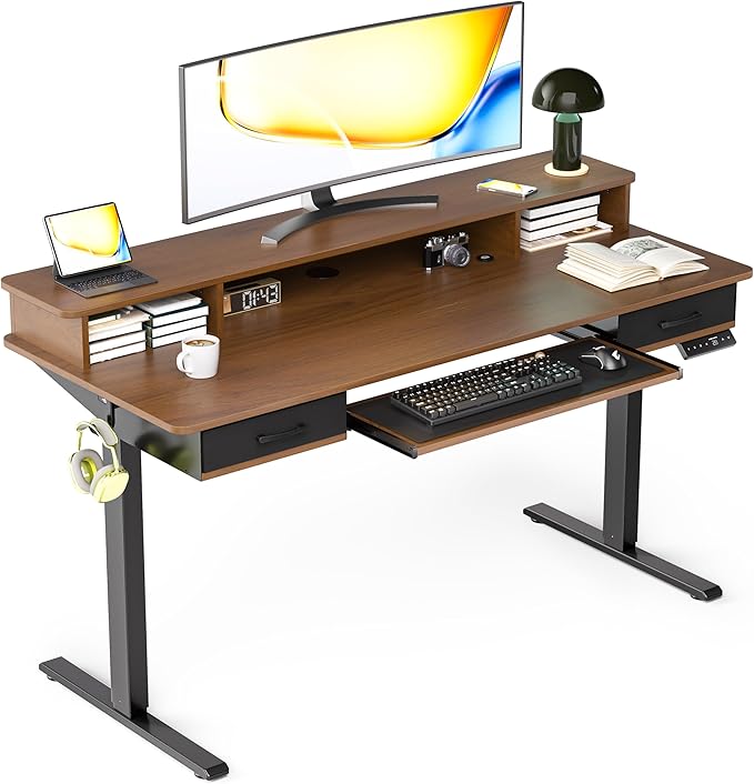 Electric Standing Desk with Keyboard Tray, 55x24 Inches Height Adjustable Stand up Desk with 2 Drawers, Ergonomic Sit to Stand Table with Storage Monitor Stand, Black Walnut
