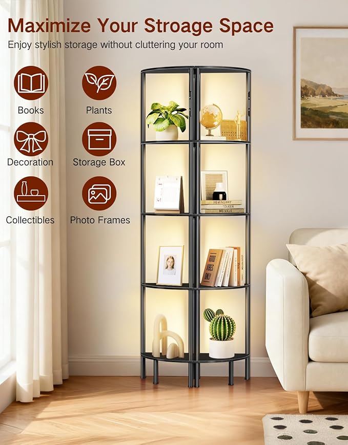 5-Tier Corner Bookshelf with LED Lights, Touch & Remote Control, 3 Color Temperatures, Dimmable Narrow Display Shelf with 1-Hour Timer for Living Room, Bedroom, Office(Black)