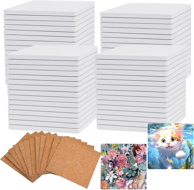 60 Pcs Ceramic Tiles for Crafts White Ceramic Coasters for Crafts Blank Unglazed Ceramic Tiles 4x4 for Painting, Alcohol Ink, Acrylic Pouring, DIY Coaster, Cork Backing Pads Included