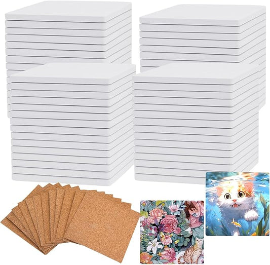 60 Pcs Ceramic Tiles for Crafts White Ceramic Coasters for Crafts Blank Unglazed Ceramic Tiles 4x4 for Painting, Alcohol Ink, Acrylic Pouring, DIY Coaster, Cork Backing Pads Included