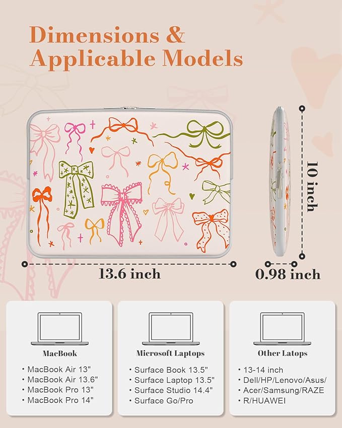 iCasso Laptop Sleeve 13 inch for MacBook Air 13-13.6 inch, Cute Laptop case for MacBook Neo/Pro 13 inch, Slim Protective Travel Carrying Case Sleeve for 14 inch Chromebook, HP, Dell, Colorful Bow