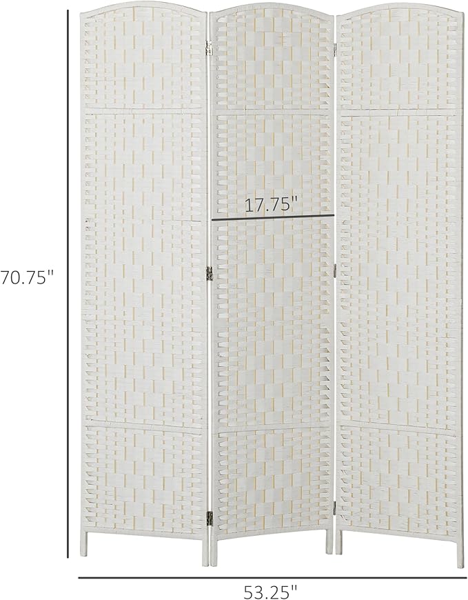 HOMCOM Room Divider 3 Panel, 6FT Tall Folding Privacy Screen, Freestanding Hand-Woven Partition for Room Separation with 360° Hinges, Paper Rope Diamond Weave, White