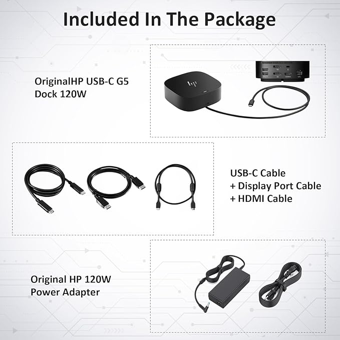 HP Docking Station for Dual Monitor Bundle - HP USB-C G5 Dock for USB-C & Thunderbolt Laptop with 120W AC Adapter + HDMI & DisplayPort Cables + USB Cable