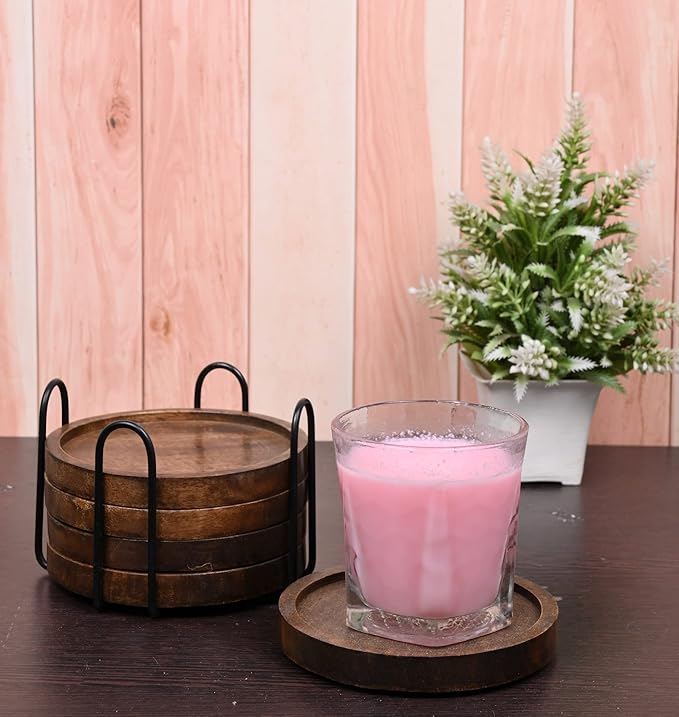 SAMHITA Mango Wood Coasters for Drinks with Iron Holder Stand Set of 5 for Drinking Glasses, Tabletop Protection for Any Table Type