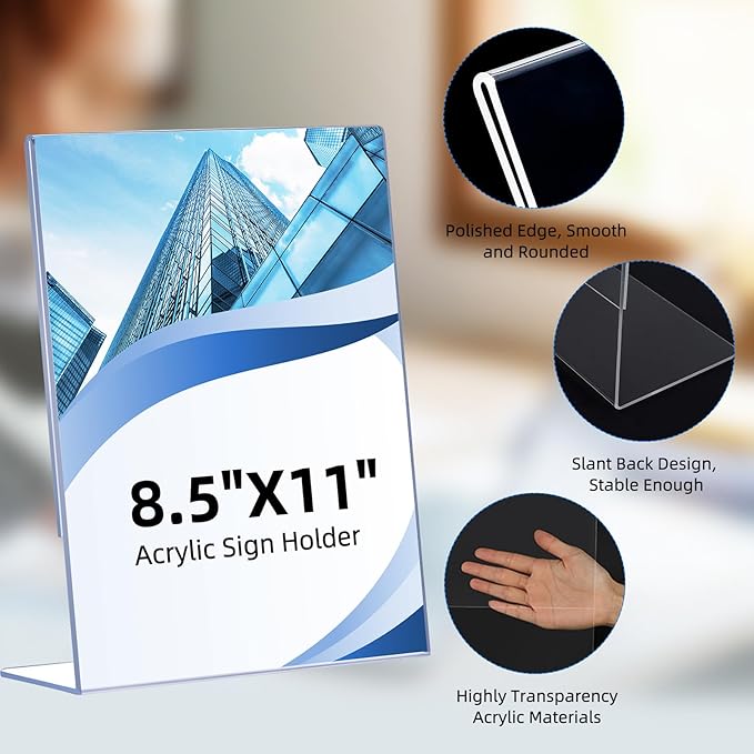 DECOHOBO 18 Pack Acrylic Sign Holder 8.5 x 11, Clear Plastic Display Stands for Tabletop, L-Shape Acrylic Stands for Flyers, Documents, Office, Restaurants, Vertical Sign Holder 8.5x11 for Desktop