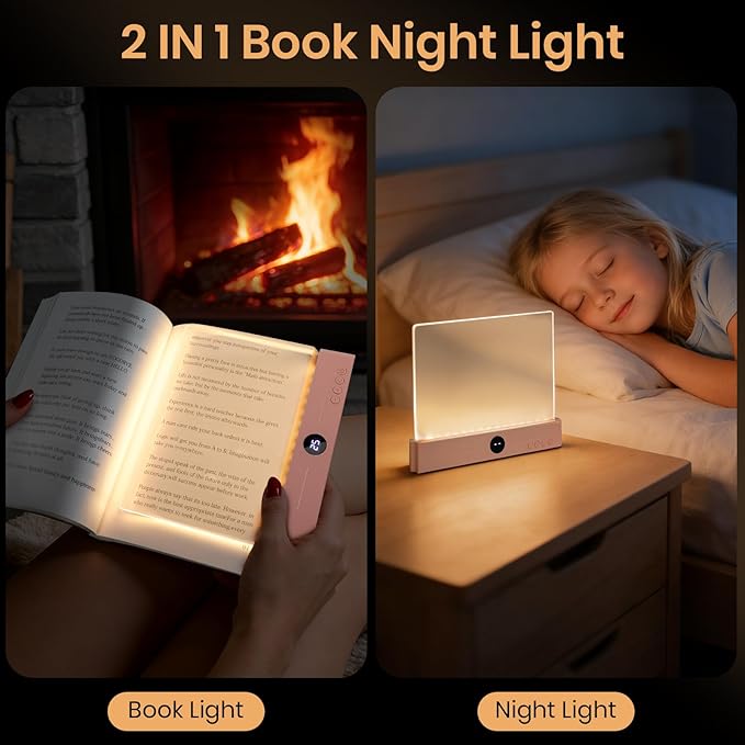 Flat Book Light, Rechargeable Clear LED Smart Reading Light with 3 Colors & Timer, Dimmable Full Page Panel Plate Lamp, Eye Protection, Portable Flat Reading Light for Bedside, Travel, Study (Pink)