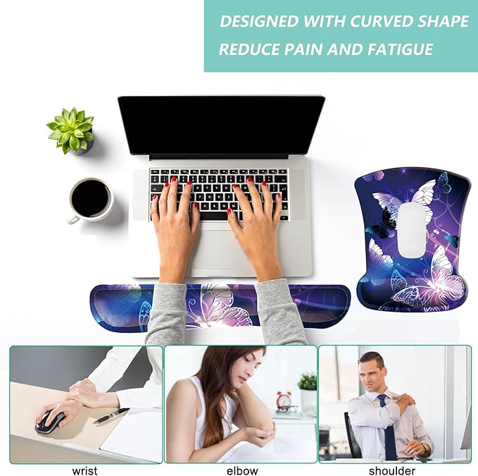 Keyboard Wrist Rest Pad Mouse Pad with Wrist Support Set of 3, Gaming Mousepad with Non-Slip Rubber Base, Ergonomic Memory Foam Mouse Cushion Support for Home Office Laptop Computer, Butterfly