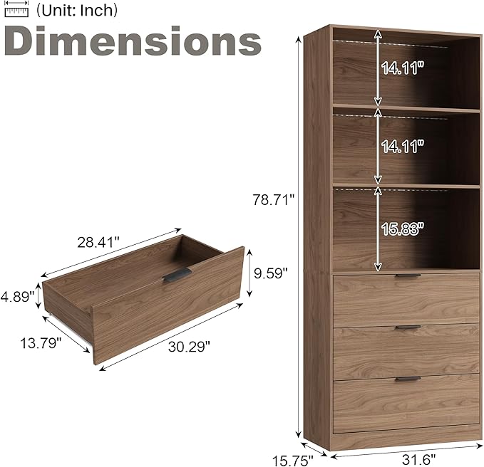 Mekminop 78.7" H Bookshelf with Drawers and LED Light, Bookshelf and Bookcase with 3-Tier Open Shelves, Tall Bookcase Tall Storage Cabinet for Home Office Living Room