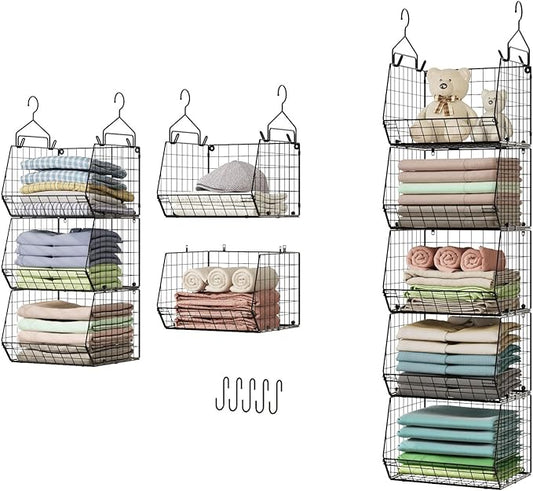 5 Tier Closet Hanging Organizer, Clothes Hanging Shelves with 4 Hanging Hooks 5 S Hooks, Wire Storage Basket Bins, for Clothing Sweaters Shoes Handbags Clutches Accessories Patent Design