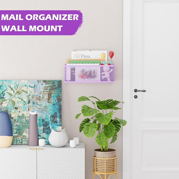 Mail Holder Countertop, Mail Organizer with 2 Slots, Mail Basket Wall Mounted Desktop Mail Sorter Letter Holder Box Envelope Organizer for Home Office, Purple