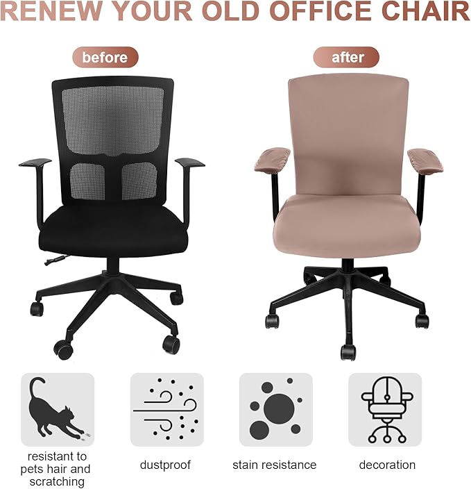 Tallew 4 Pcs Office Chair Covers Set Computer Universal Protective Stretchable Chair Seat Covers Desk Armrest Cover Pads Office Cushion Backrest for Rotating(Regular,Dusty Rose)