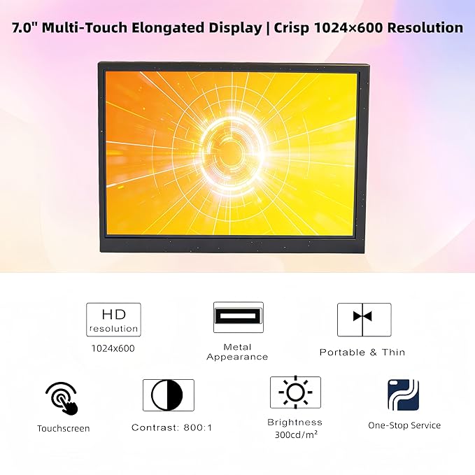 7-inch IPS Touchscreen Bar Display, 1024x600, Metal Shell, Type-C/HDMI. for Raspberry Pi, Laptop Aida64, GPU/CPU Monitoring, PC Case Screen. (P70D-T)