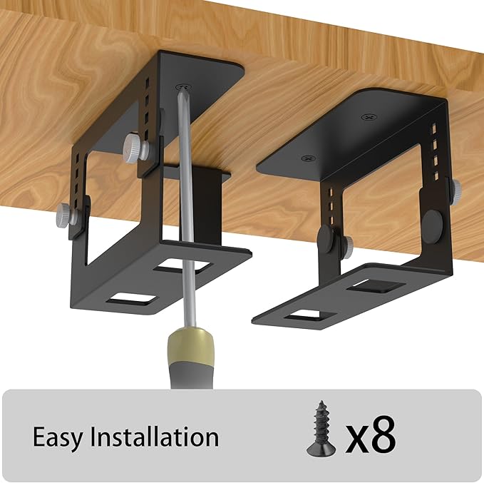 Under Desk Mini PC Mount Bracket – 5-Level Height Adjustable (1.8" to 3.3"), Width-Adjustable Metal CPU Holder for Mac mini M4/Small PCs ,Includes Screws & Positioning Template for Easy Installation