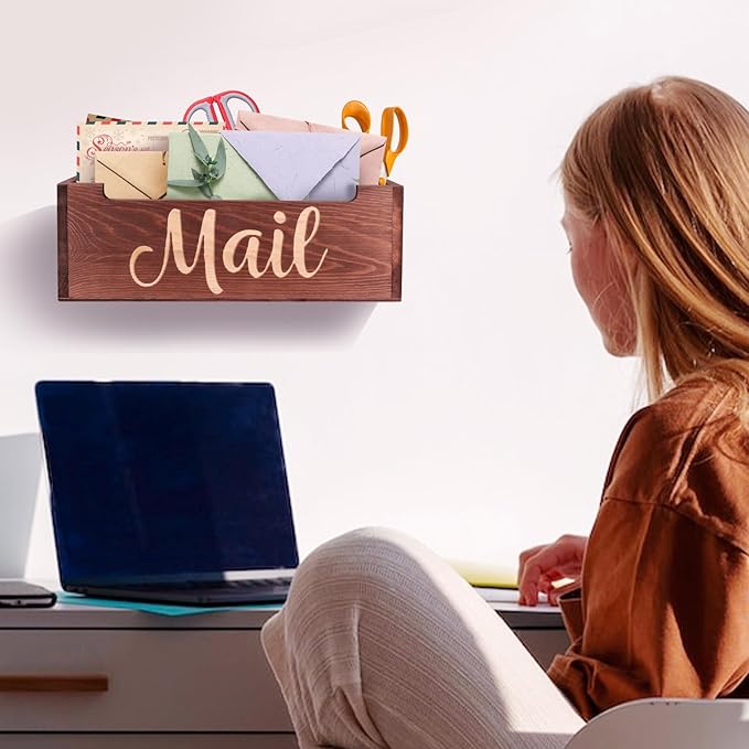 Wooden Mail Organizer Mail Holder Countertop, Farmhouse Brown Mail Tray Mail Storage Box for Wall, Rustic Mail Basket Letter Holder for Office Desk