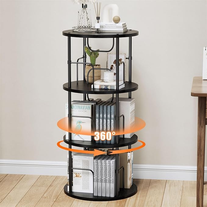 ALLSTAND Rotating Bookshelf, 3 Tier Round Revolving Bookcase with Special Visible Partition Storage, 360° Display Spinning Small Bookshelf Tower Book Shelf Organizer for Bedroom, Small Space, Black