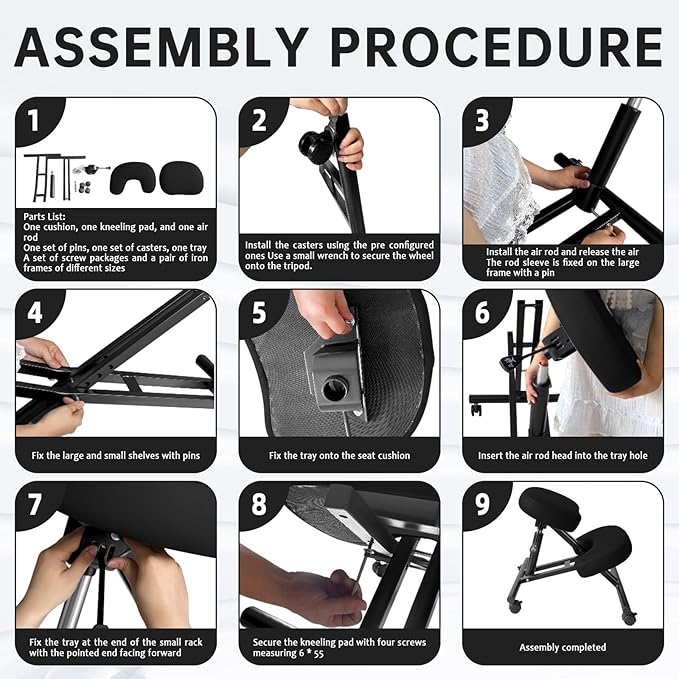 PU Leather Ergonomic Kneeling Chair, Adjustable Home and Office Stool with Thick Pads and Flexible Lockable Brake Wheels for Back Pain Relief (Dark Black)