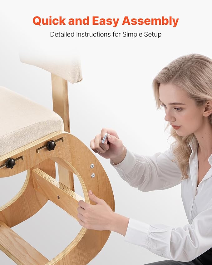 VEVOR Ergonomic Kneeling Chair, Wooden Posture Knee Chair with Adjustable Thick Foam Cushions, Backrest and Wood Frame, Adjustable Height, Relief for Neck or Back Pain for Home, Office or Meditation