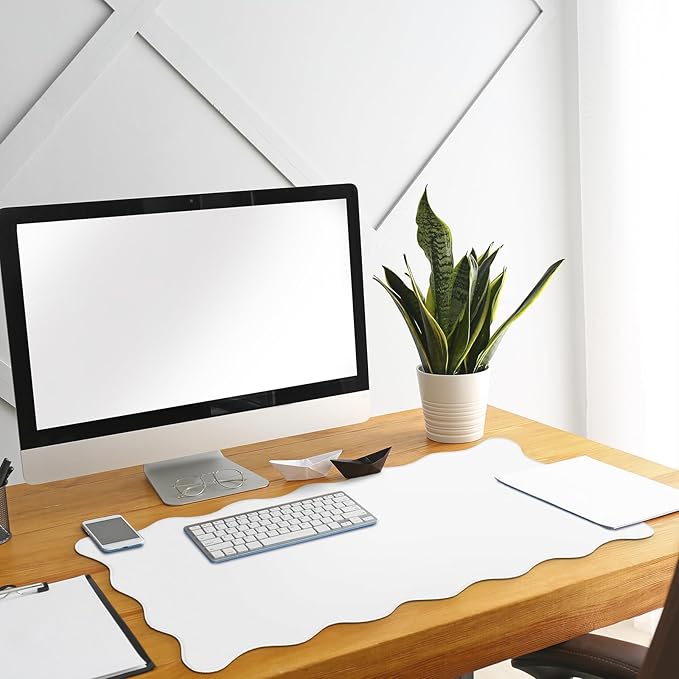 Hahafelt Scalloped Desk Mat Large Scalloped Piping Cute Desk Mat Aesthetic Preppy Table Pad Large Nonslip Pad with Edge Stitching Waterproof Gaming(White,31.5 x 15.8 Inches)