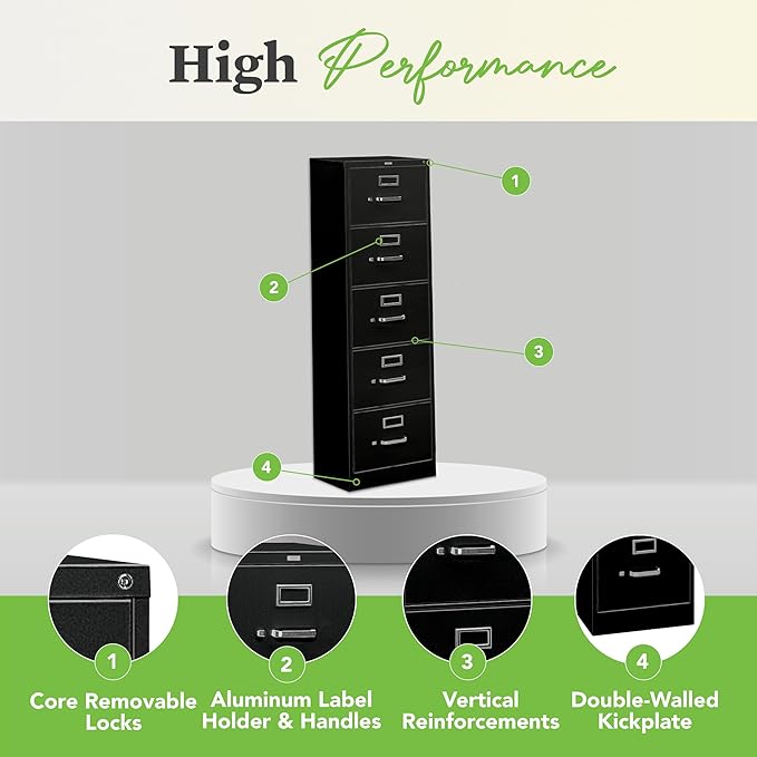 HON 5 Drawer Vertical File Cabinet with Lock, Metal Filing Cabinets with 5 Drawers for Hanging Files and Letter Files, 26.5" Deep, Black