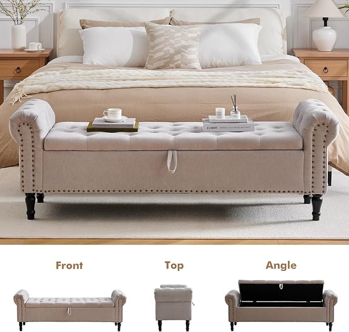 67'' End of Bed Bench King Size, Storage Bench for Bedroom End of Bed, Upholstered Tufted Storage Ottoman Benches with Arms for Living Room, Entryway, Windows, Light Grey