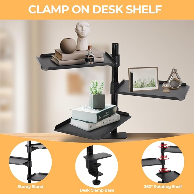 GCCSJ Desk Extender，3 Tier Desk Clamp Shelf，360° Rotatable & Height-Adjustable Clamp on Desk Shelf for Study/Office/Kitchen/Game Room，Maximum Desktop Thickness 2.2 Inch